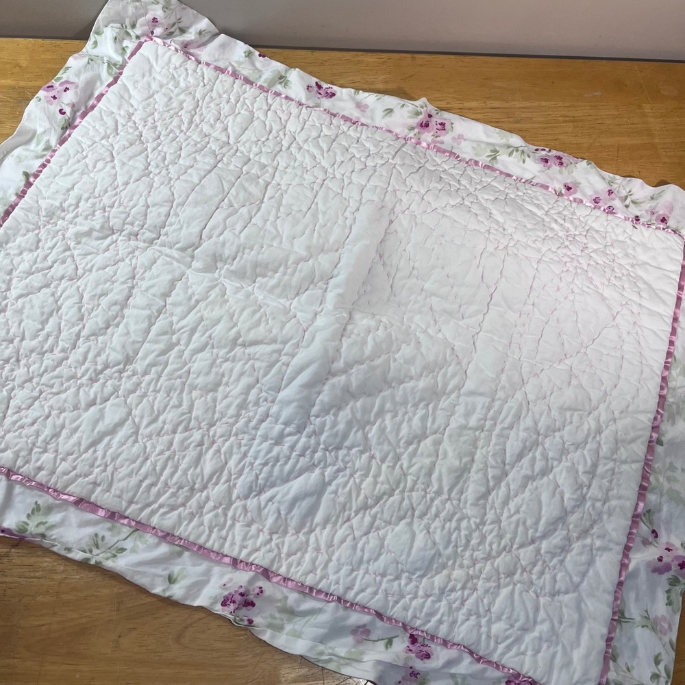 Simply Shabby Chic Pillow Sham Standard White Pink Floral Quilted Ribbon Vtg